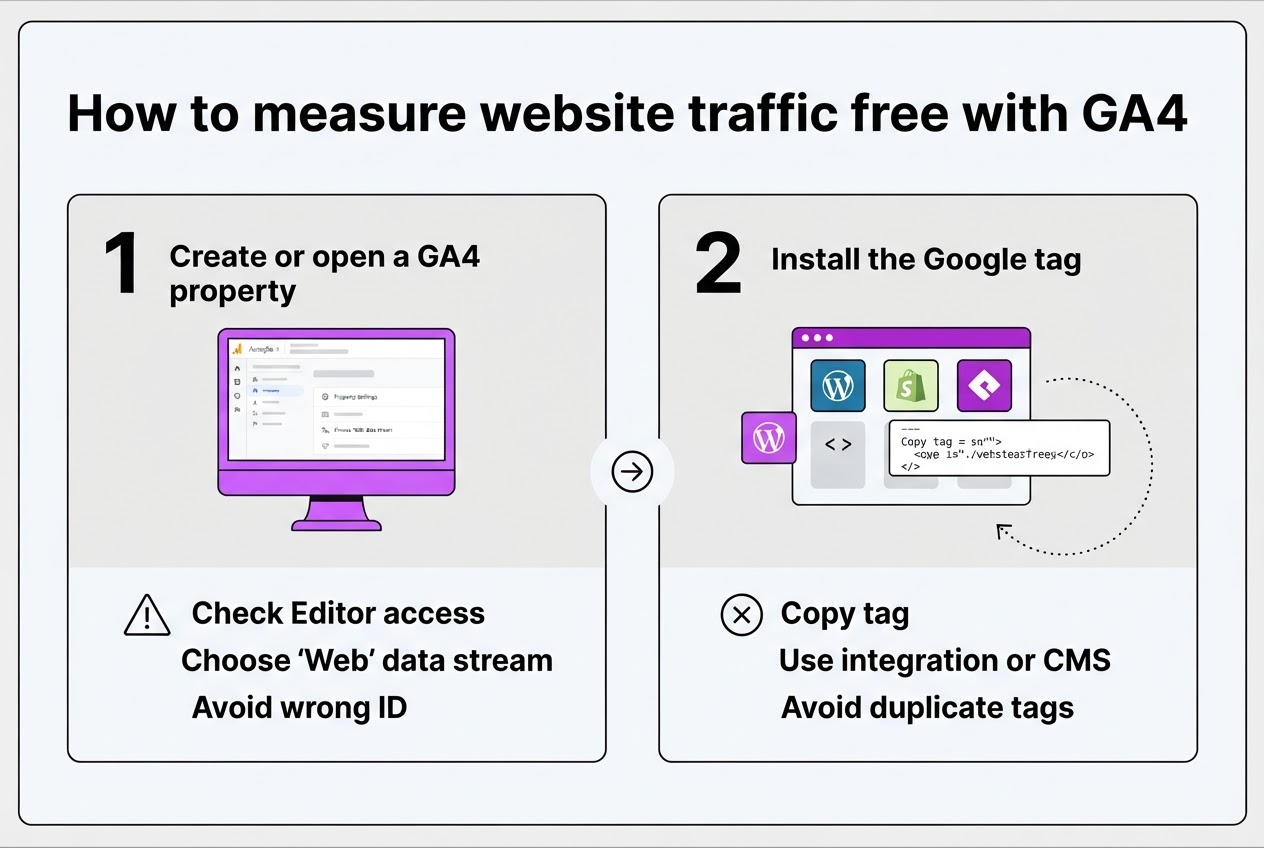 How to measure website traffic free with GA4, covering create or access a ga4 property.