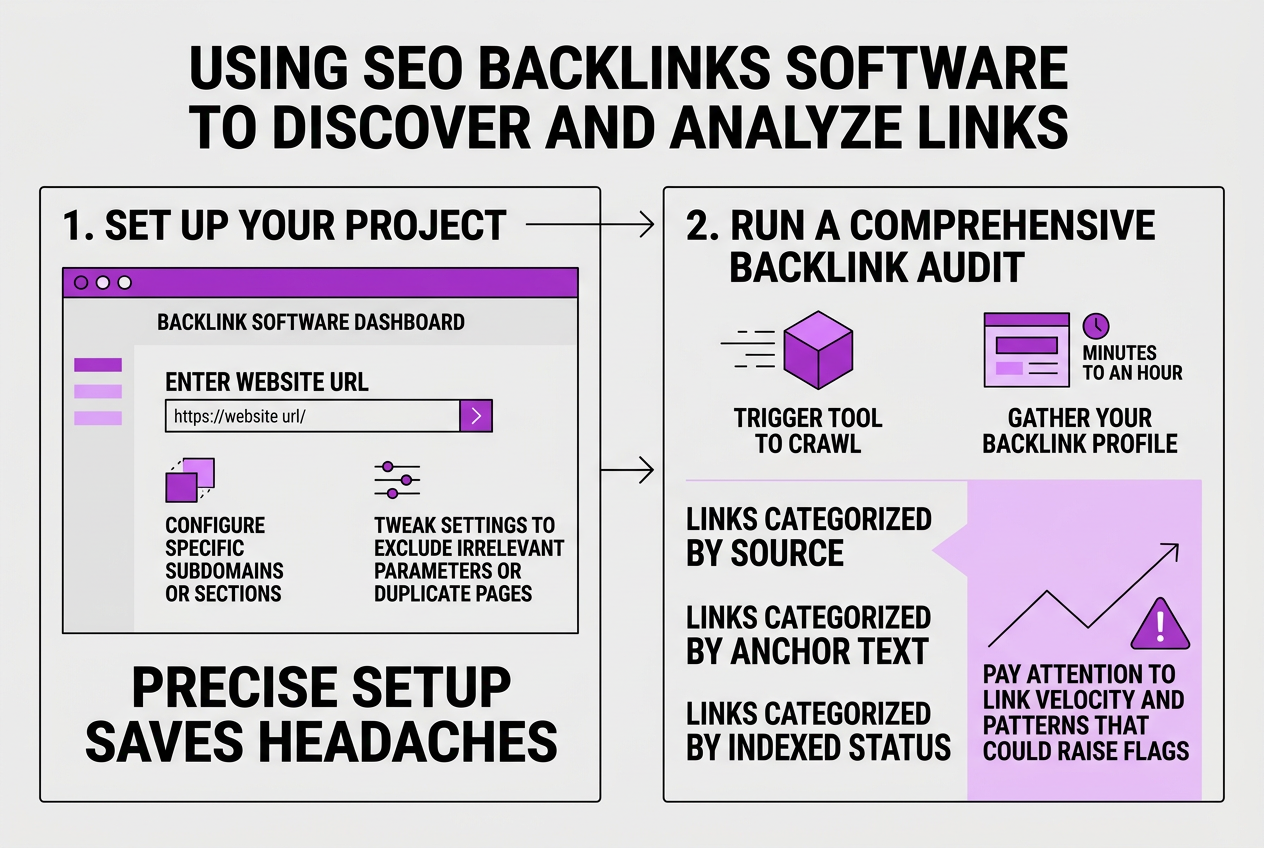 How to Use SEO Backlinks Software to Discover and Analyze Links, covering setting up your project and domain.