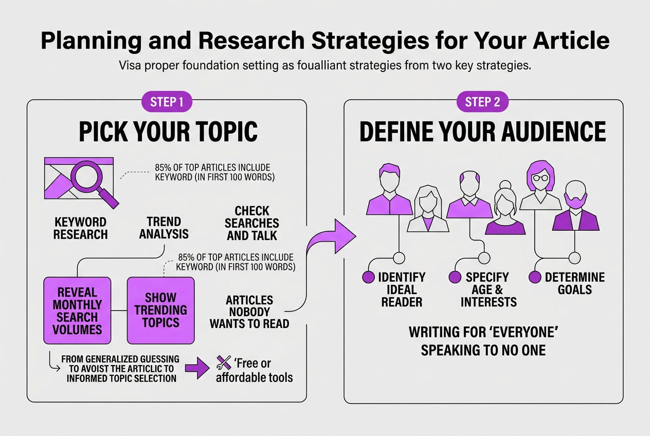 Planning and Research Strategies for Your Article, covering use keyword research and trending topics.