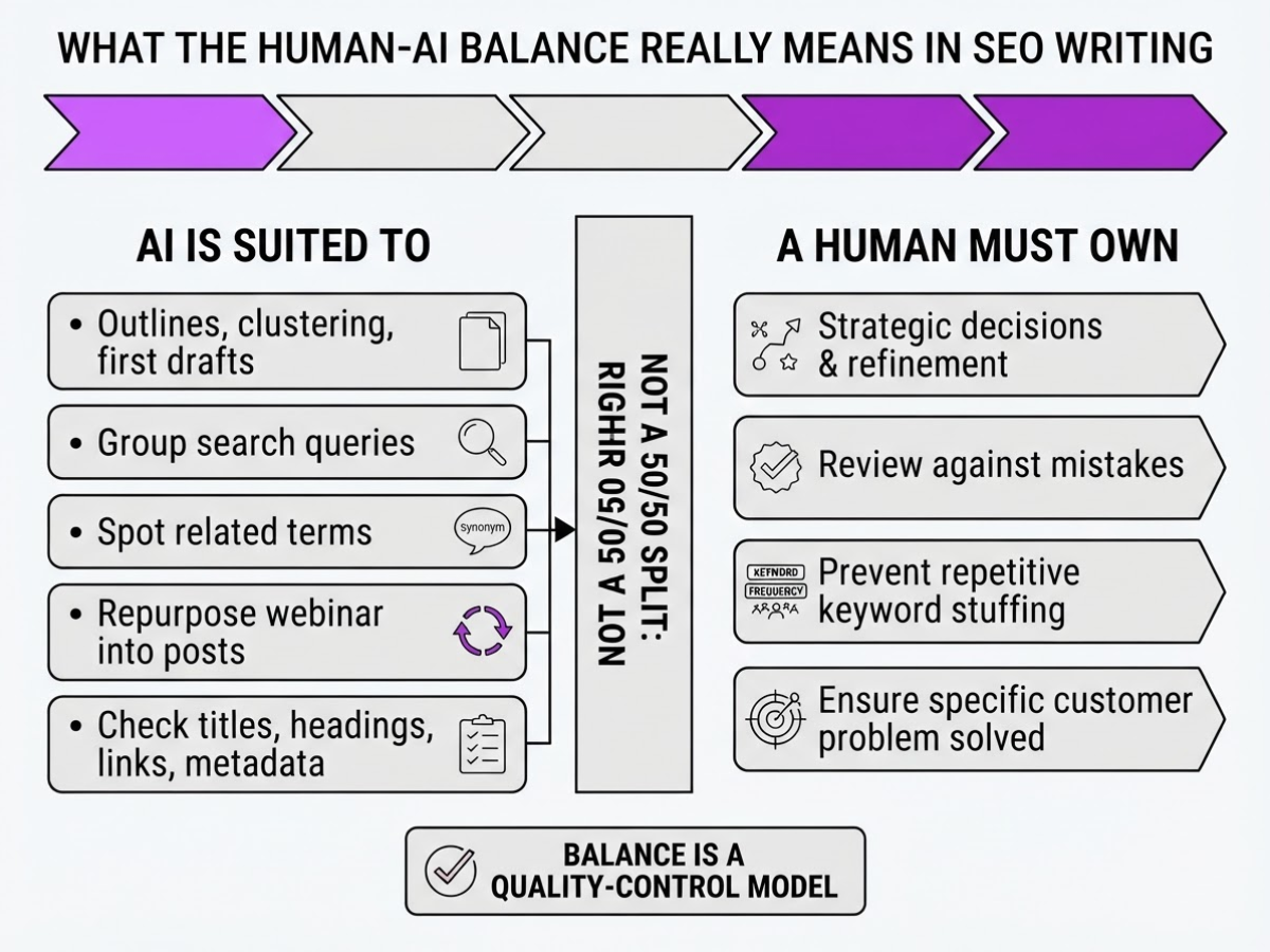 What the Human–AI Balance Really Means in SEO Writing, covering explain ai s strengths in speed.