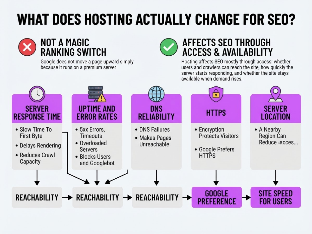 What does hosting actually change for SEO, covering separate direct ranking signals from indirect.