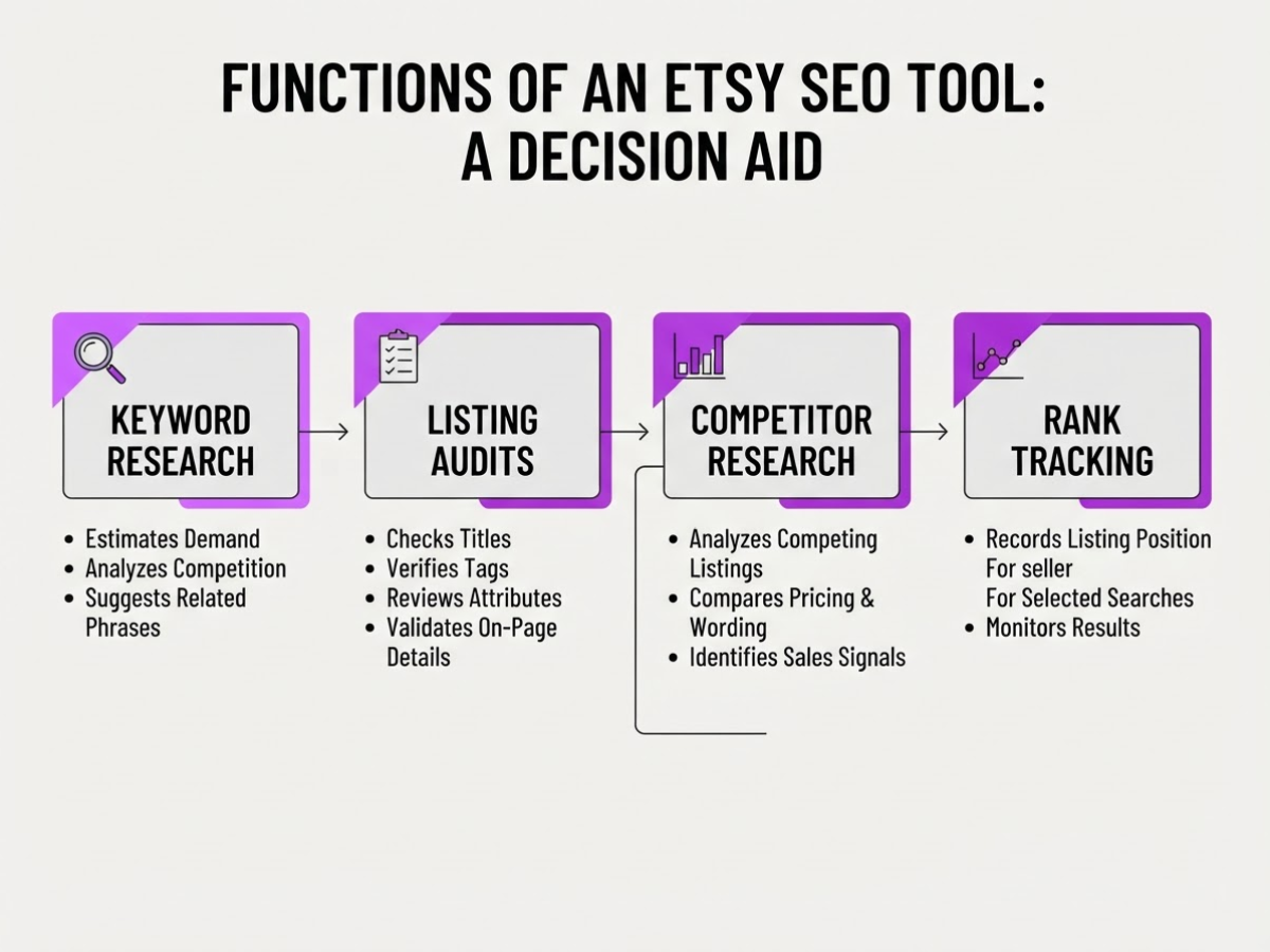 What an Etsy SEO Tool Actually Does, covering separate keyword research listing audits competitor.