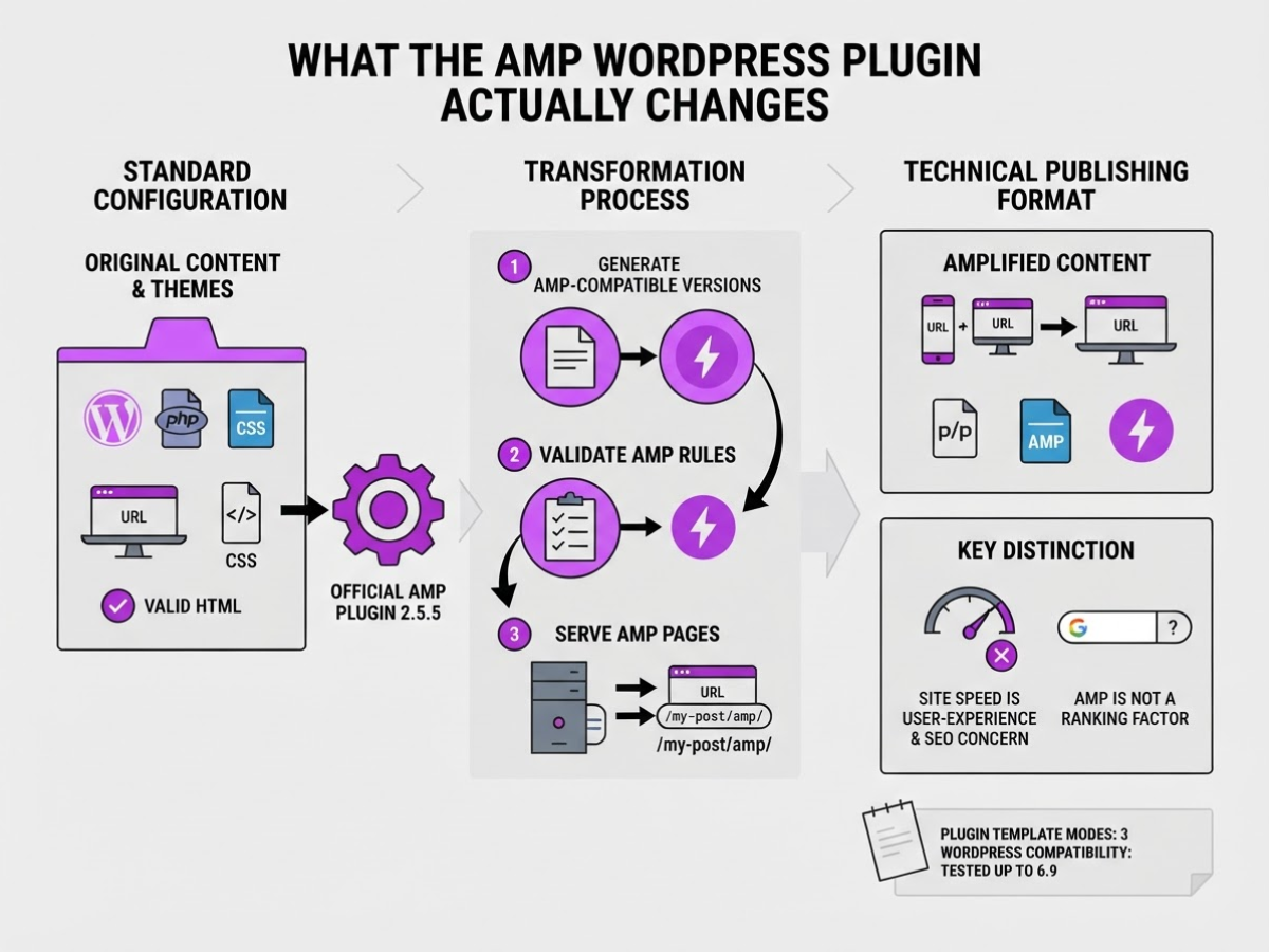 What the AMP WordPress Plugin Actually Changes, covering explain that the official amp plugin.