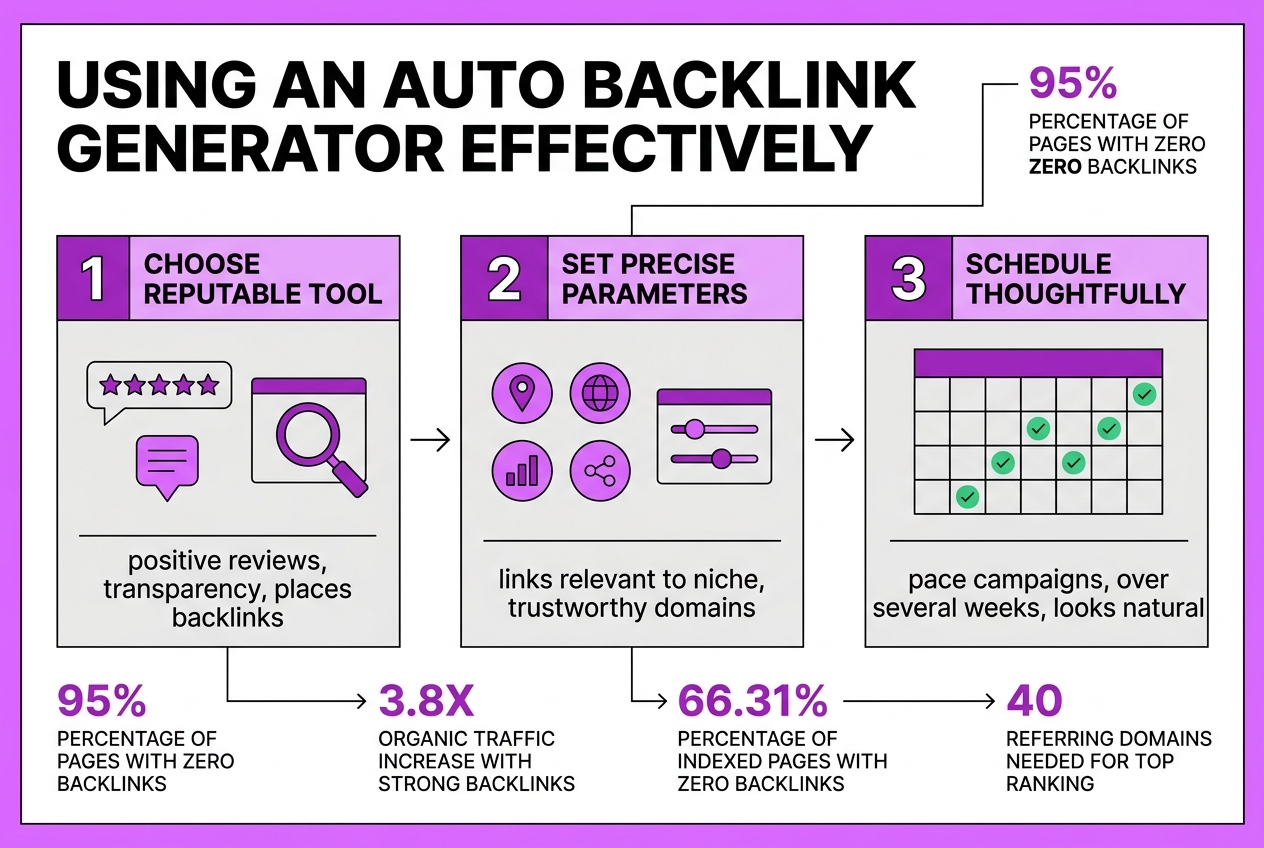 How to Use an Auto Backlink Generator Effectively, covering select a reputable backlink generator tool.