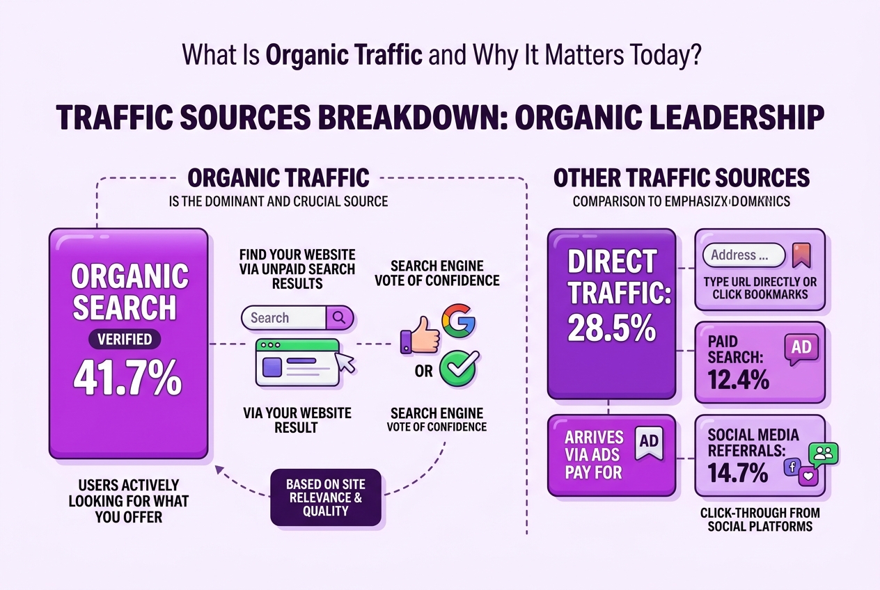 What Is Organic Traffic and Why It Matters Today, covering definition of organic traffic contrasted with.