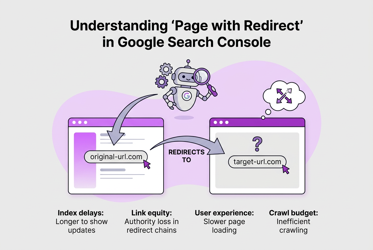 Understanding 'Page with Redirect' in Google Search Console, covering define page with redirect error and.