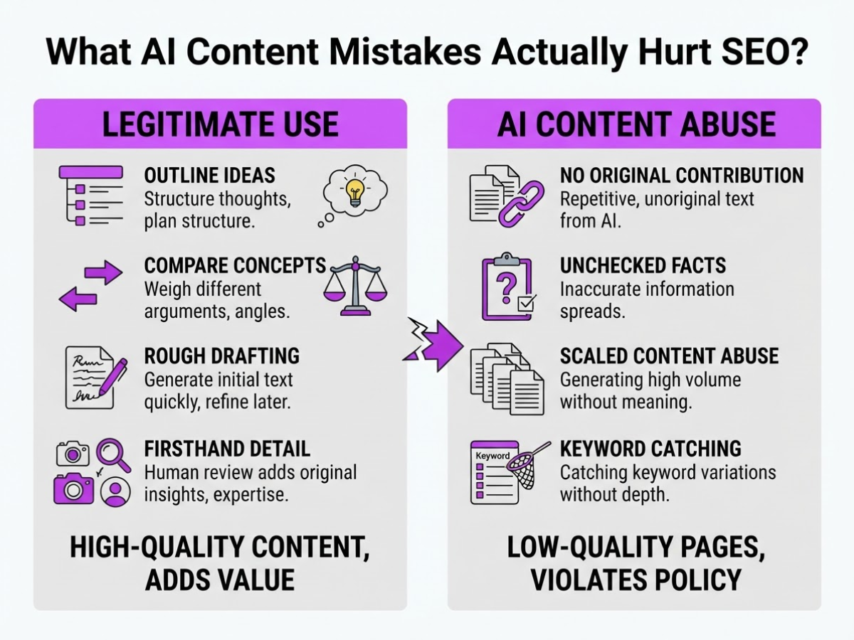 What AI Content Mistakes Actually Hurt SEO, covering clarify that ai use itself is.