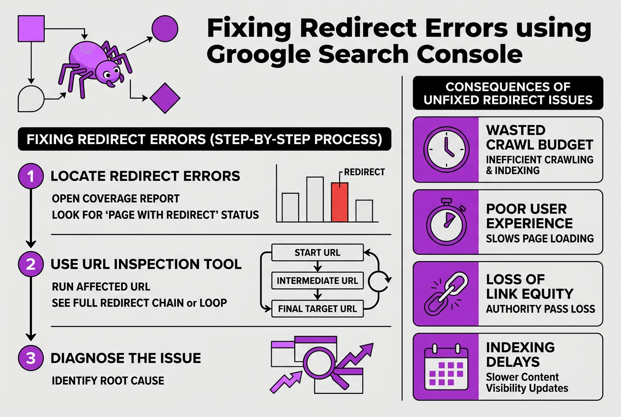 Step-by-Step Guide to Fixing Redirect Errors Using Google Search Console, covering how to locate redirect errors in.