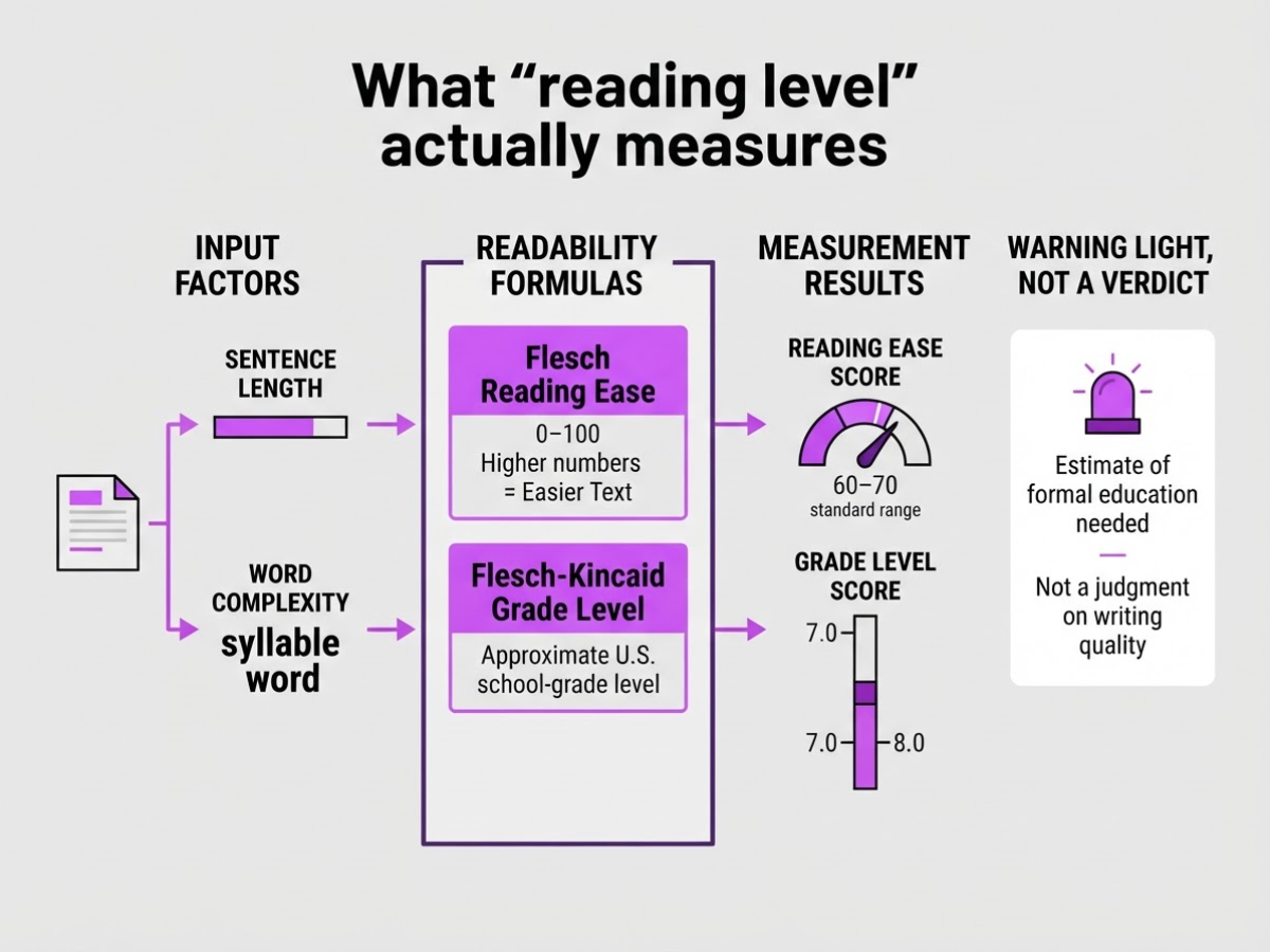 What “reading level” actually measures, covering explain that readability formulas estimate the.