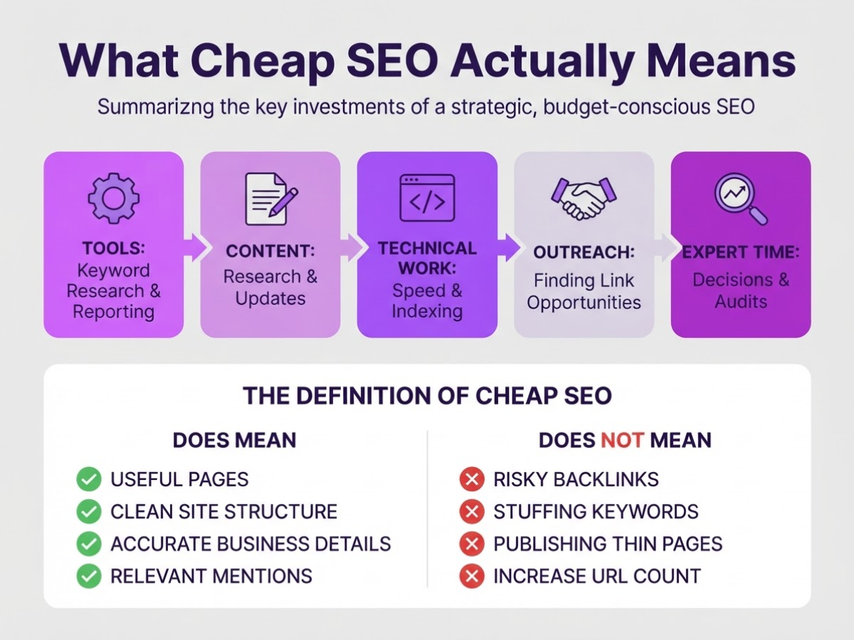 What Cheap SEO Actually Means, covering distinguish low-cost seo from cutting corners.