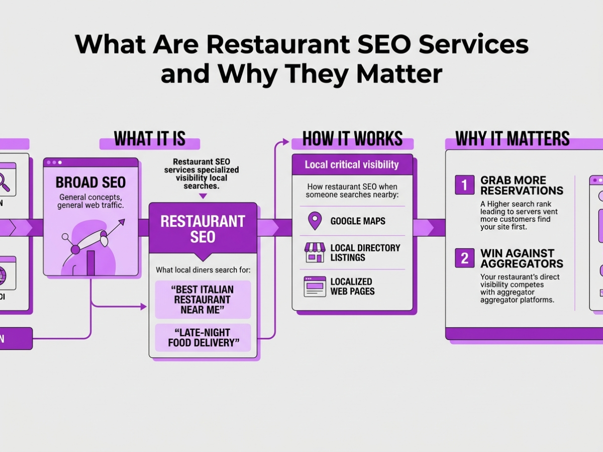 Diagram showing the three pillars of restaurant SEO: website optimization, local search presence, and review management.