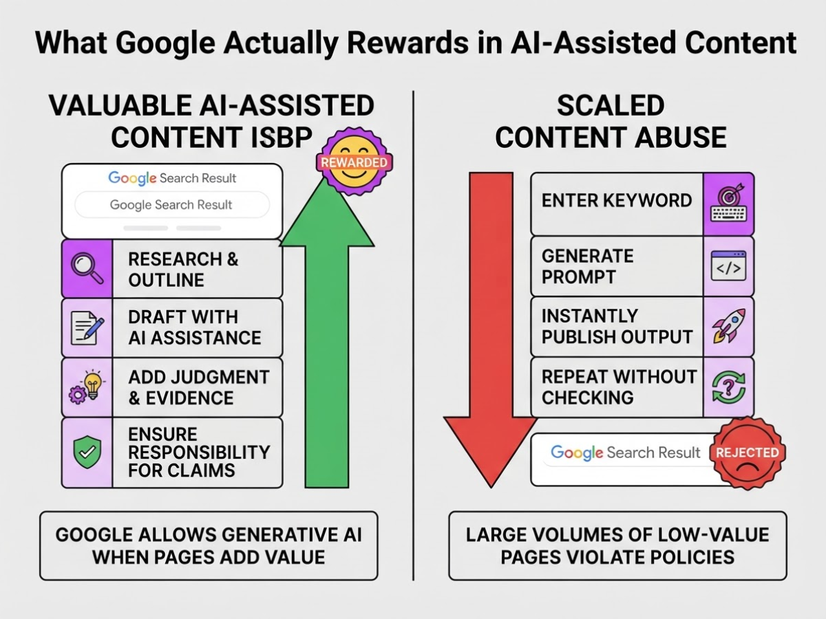 What Google Actually Rewards in AI-Assisted Content, covering explain that generative ai is not.