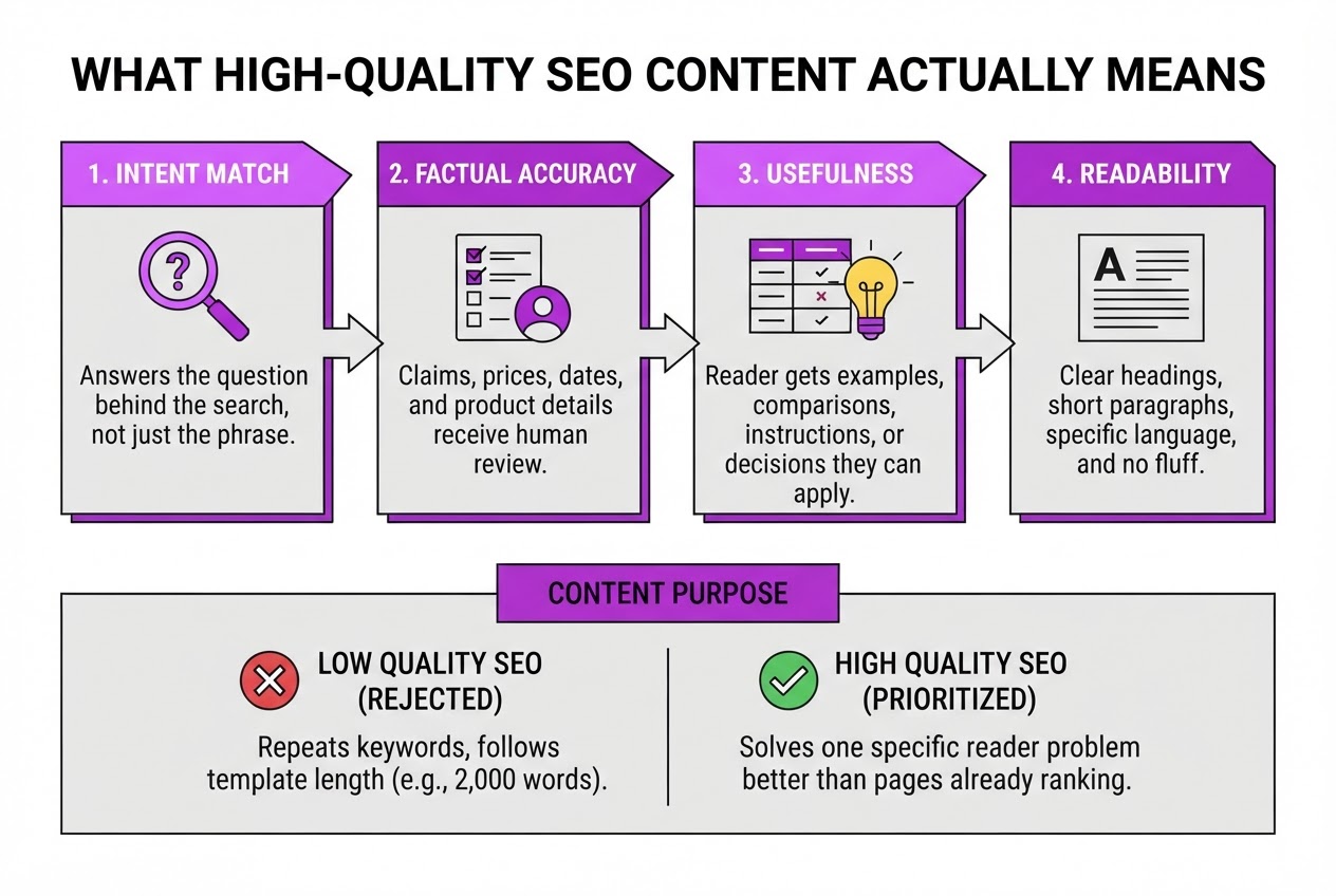 What High-Quality SEO Content Actually Means, covering explain that quality starts with solving.
