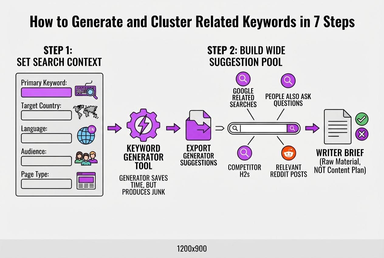 How to Generate and Cluster Related Keywords in 7 Steps, covering enter the primary keyword together with.