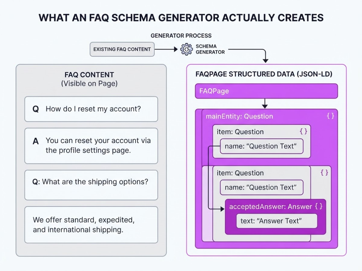 What an FAQ Schema Generator Actually Creates, covering distinguish faq content from faqpage structured.