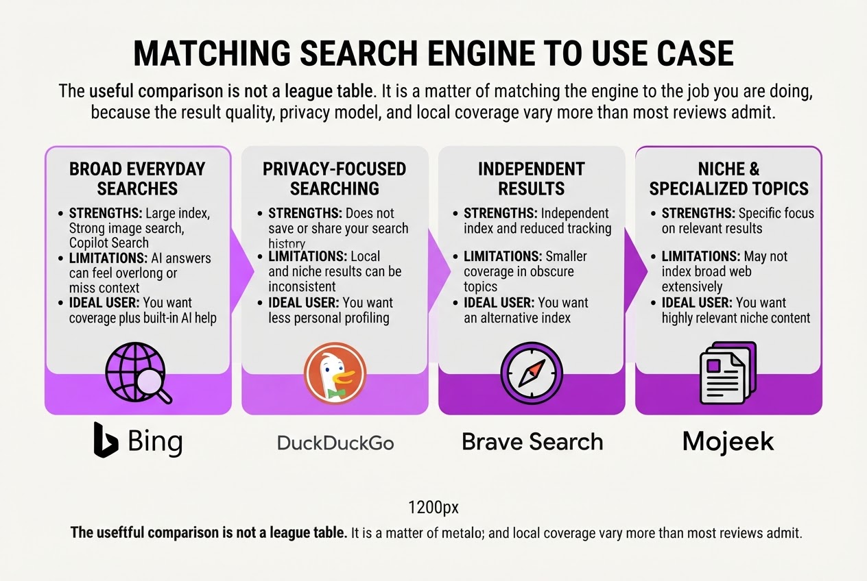 Compare the leading Google alternatives by use case, covering compare bing for broad coverage and.