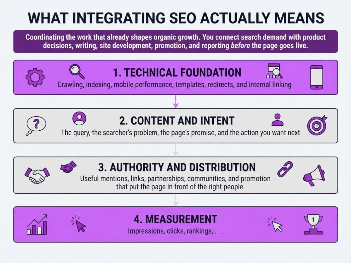 What integrating SEO actually means, covering define seo integration as cross-functional coordination.