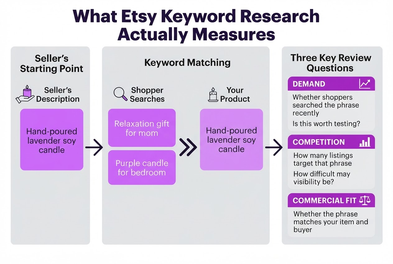 What Etsy Keyword Research Actually Measures, covering explain the difference between a product.