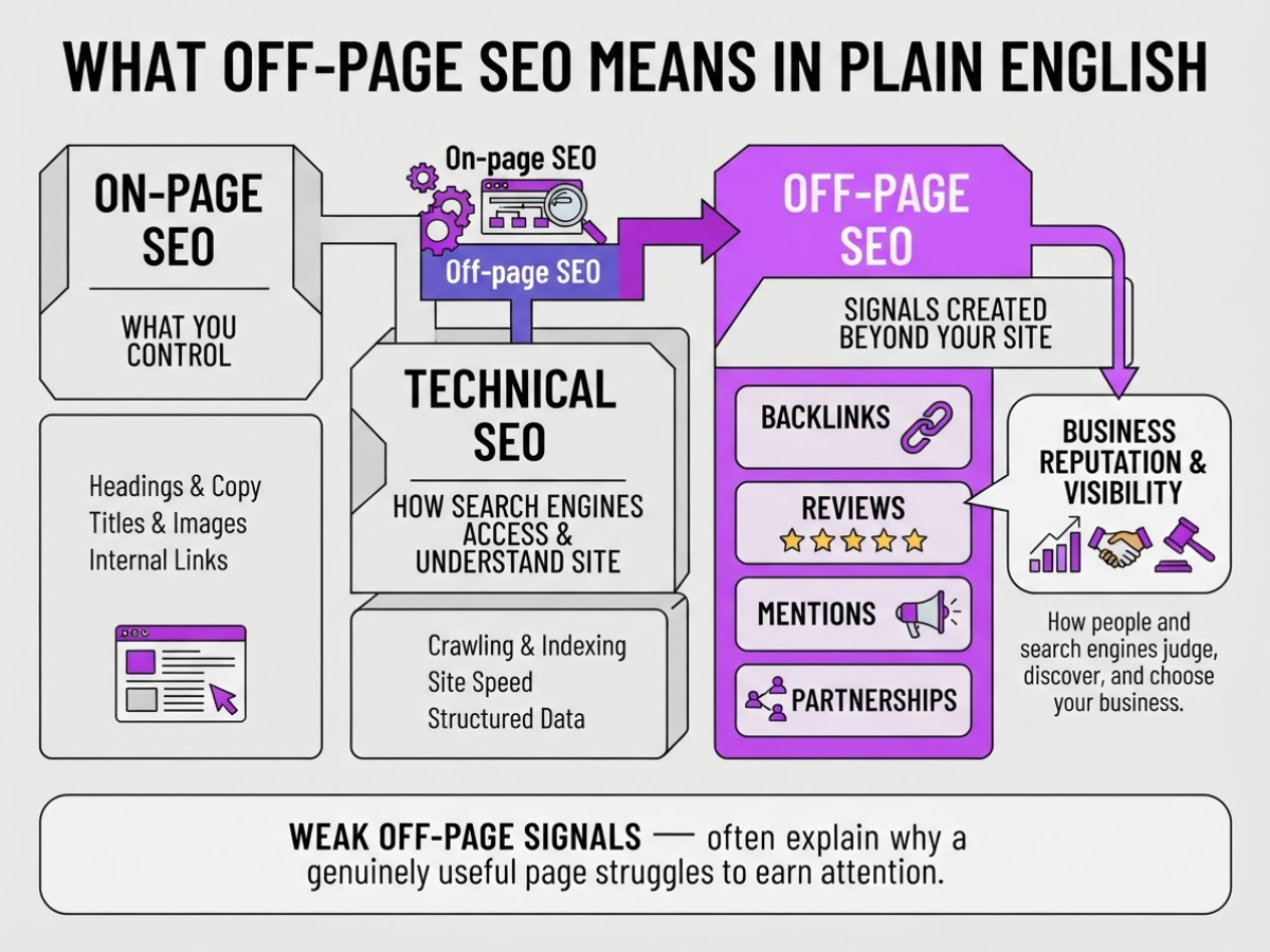 What Off-Page SEO Means in Plain English, covering explain off-page seo as activity outside.