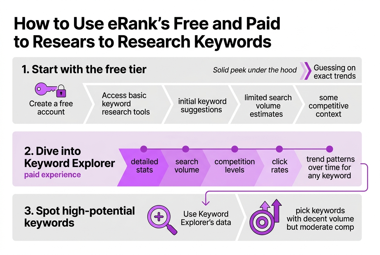 How to Use eRank’s Free and Paid Features to Research Keywords, covering using the free tier s basic.