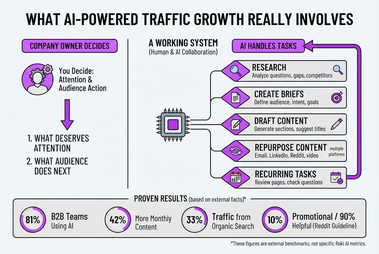 What AI-Powered Traffic Growth Really Involves, covering explain how ai supports research briefs.