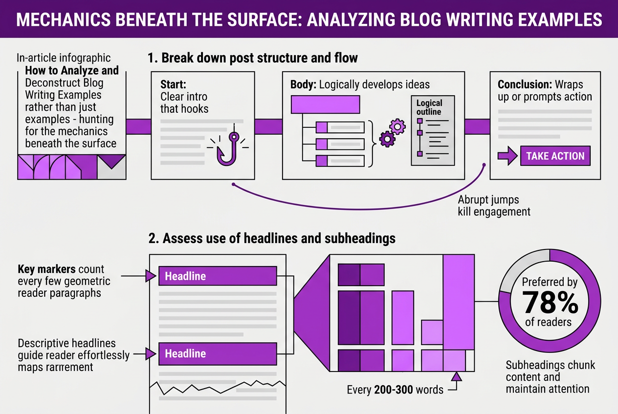 How to Analyze and Deconstruct Blog Writing Examples, covering break down post structure and flow.