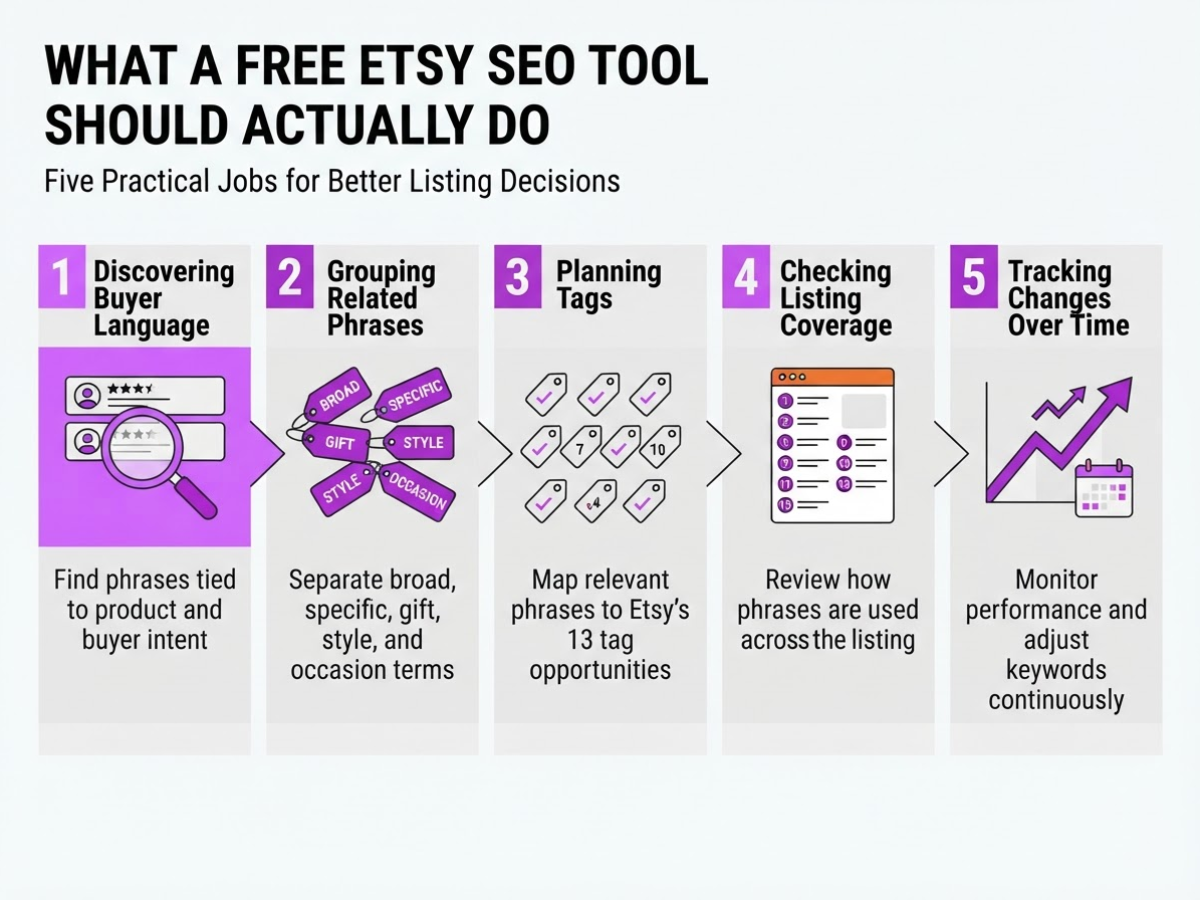 What a Free Etsy SEO Tool Should Actually Do, covering explain the core jobs keyword discovery.