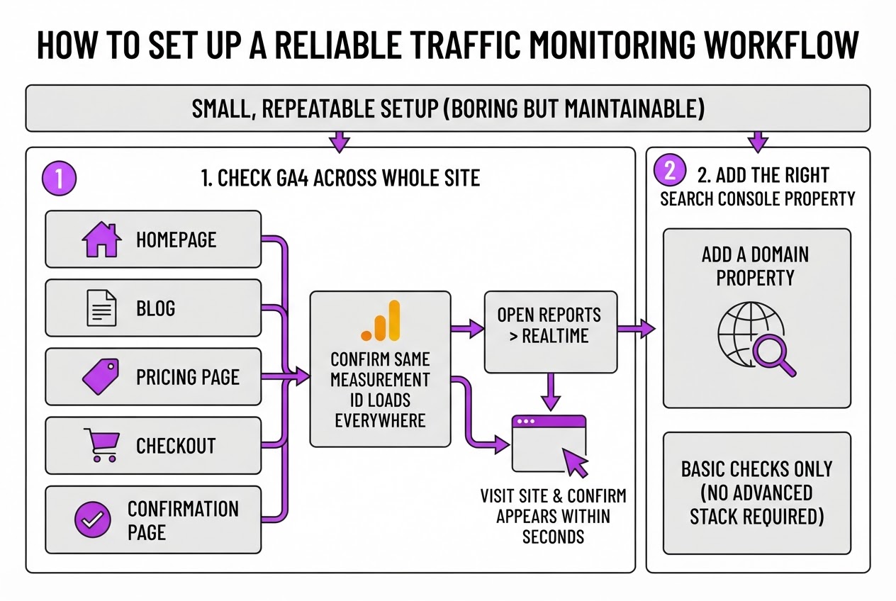 How to Set Up a Reliable Traffic Monitoring Workflow, covering verify google analytics 4 is installed.