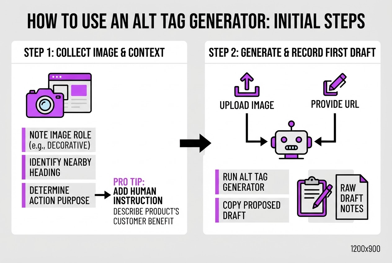 How to Use an Alt Tag Generator in Five Steps, covering collect the image and the page.