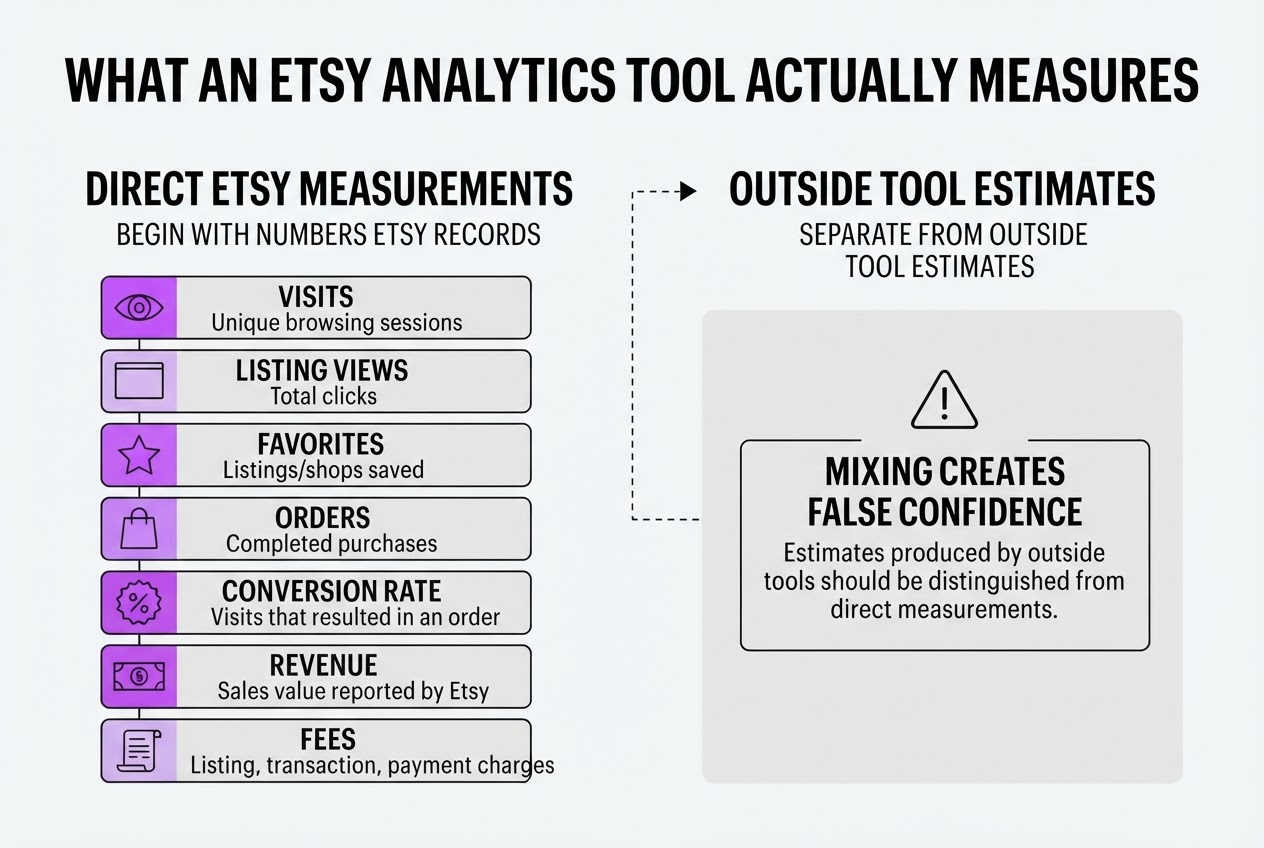 What an Etsy analytics tool actually measures, covering define the core etsy shop metrics.