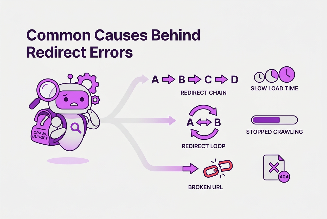 Common Causes Behind Redirect Errors in Google Search Console, covering too many redirects in sequence causing.